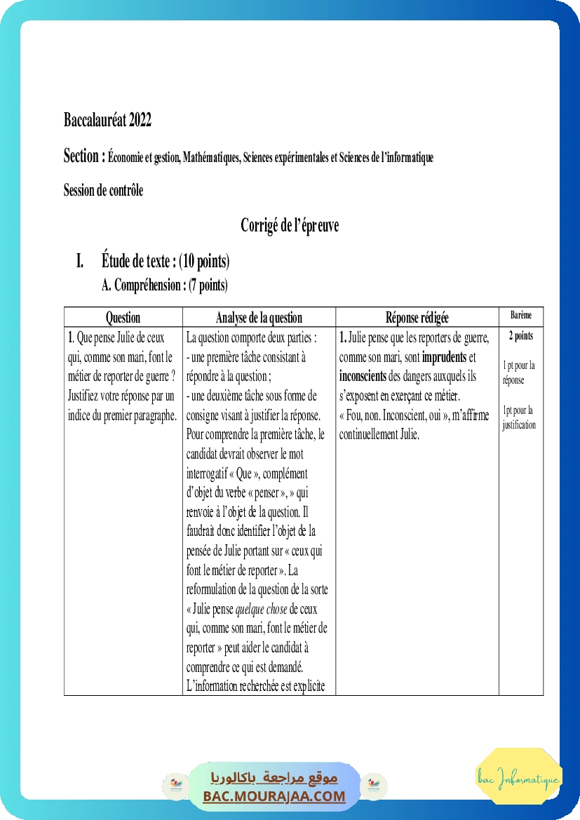 Corrigé controle francais Bac 2022 – Section info
